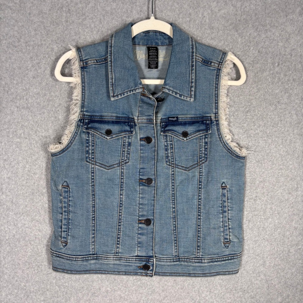Wrangler Denim Vest Medium Frayed Raw Hem Jean Western Festival Retro Cowgirl
